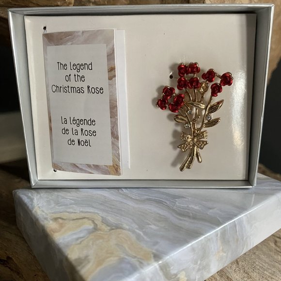 Brooch-Christmas Rose Pin Gold -Red - Picture 3 of 3